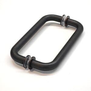 Rectangular black metal door handle with washers.