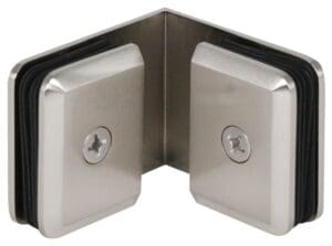 Stainless steel glass clamp corner bracket for securing glass panels.