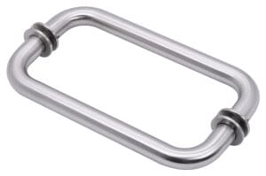 A stainless steel rectangular door handle with a sleek design.