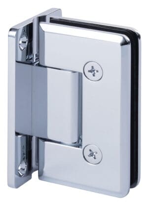 Close-up of a shiny metal hinge with screws.