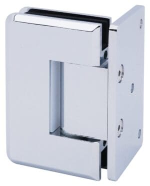 Shiny chrome glass door hinge with modern design.