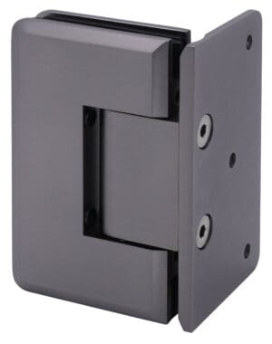 Close-up of a black metal hinge with screws.