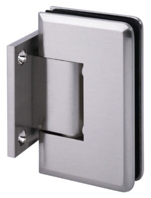 Close-up of a stainless steel glass door hinge.