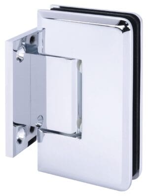 Close-up of a metallic glass door hinge with a shiny finish.