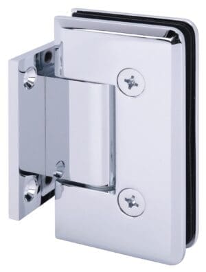 Close-up of a shiny metal hinge with screws.