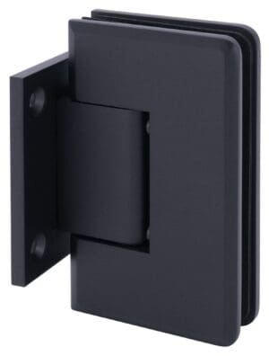 Black metal hinge for mounting on flat surfaces.