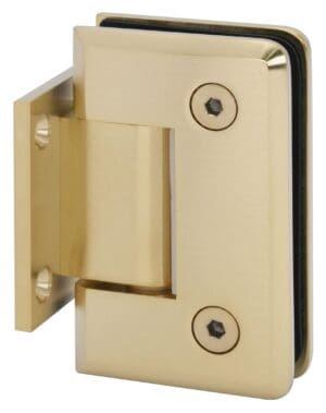 Brass-colored metal hinge with screws on a white background.