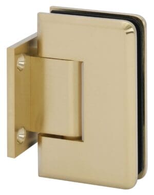 Close-up of a gold-colored door hinge.