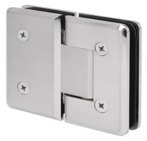 A metal glass door hinge with screws.