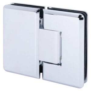 Square chrome glass door hinge with sleek design.