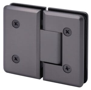 Matte black metal hinge with four screws for secure mounting.