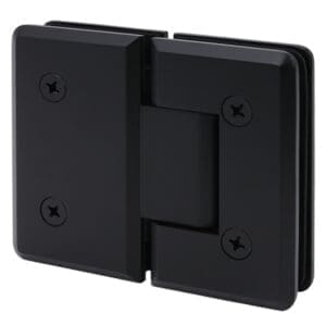 Black metal hinge with four screws for secure attachment.