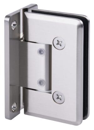 Close-up of a metal hinge attached to a surface with screws.