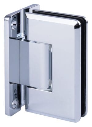 Close-up of a shiny metal door hinge with a modern design.