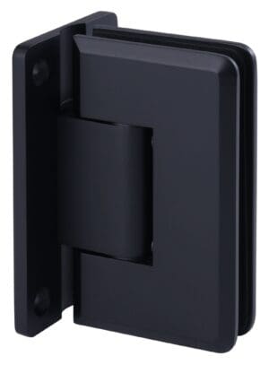 Black metal door hinge with a modern design.