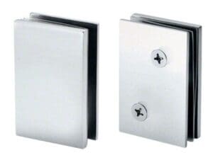 Two metal hinge brackets for glass doors with screws.