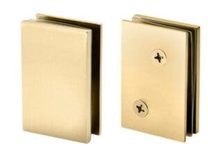 Two metallic hinges with screws on a white background.