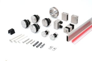 Various metal fasteners and hardware components arranged on a white background.