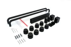 Set of black metal and plastic hardware components with screws and tools.
