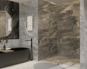 Modern bathroom with black bathtub and textured stone walls.