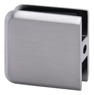 A sleek silver metal clamp for glass panels.