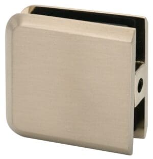 Square metal clamp with a brushed finish, used for securing glass panels.