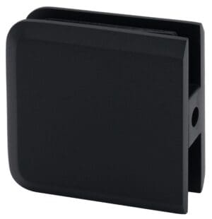Black glass clamp for securing glass panels.
