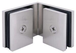 Metal glass clamp corner bracket with screws for secure glass panel mounting.