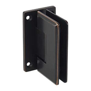 A black metal glass door hinge with mounting holes.