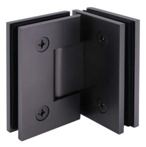 Black metal glass door hinge with screws.