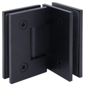 Black metal corner glass clamp with screws for secure mounting.