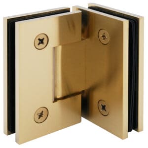 Brushed gold glass clamp with screws for secure mounting.