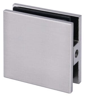 A stainless steel glass clamp fitting for securing glass panels.