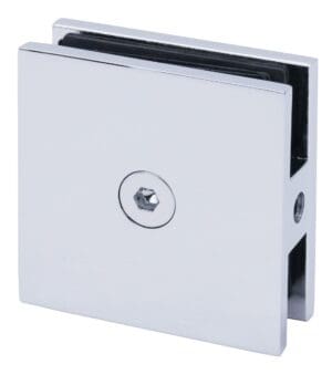 Square glass clamp with a polished finish and central locking mechanism.