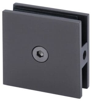 Black glass clamp for securing glass panels.