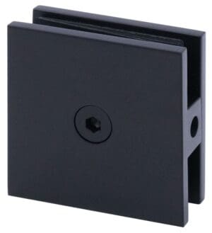 Black glass clamp for secure panel mounting.