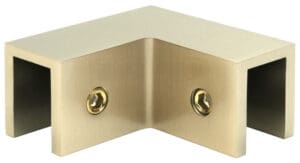 A brass-colored metal corner bracket with two screw holes.