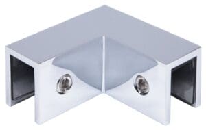Chrome corner bracket with screws for securing glass panels.
