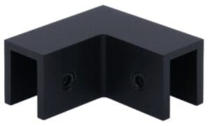 Black metal right-angle bracket with screw holes.