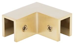Gold-colored metal corner bracket with two screw holes.