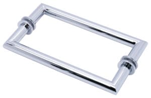 A shiny rectangular chrome towel bar isolated on white.