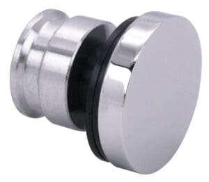 A shiny metal door stopper with a rubber ring.