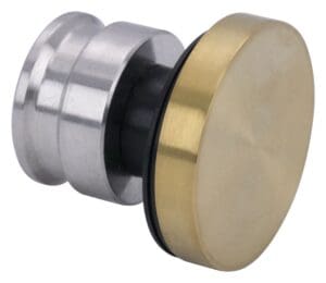 Metal door stopper with a brass finish and rubber buffer.