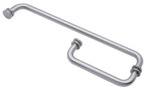 Close-up of a metallic towel bar with mounting brackets.