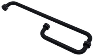Close-up of a black metal towel bar with mounting hardware.