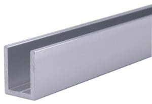 Close-up of a gray metal channel with a U-shaped cross-section.