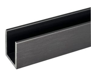Close-up of a black metal channel with a U-shaped cross-section.