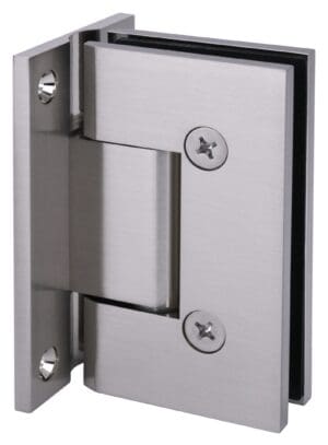Close-up of a metallic door hinge attached to a door frame.