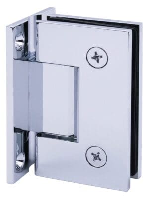 Close-up of a shiny metal door hinge with screws.