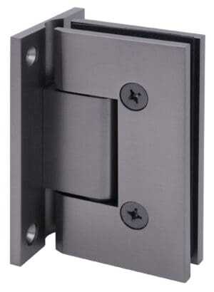 Close-up of a black metal door hinge with screws.